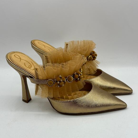 SAM EDELMAN Prosecco Hughes Mule Pump Tulle Embellished Gold Tan Sz 6.5 - Picture 3 of 8